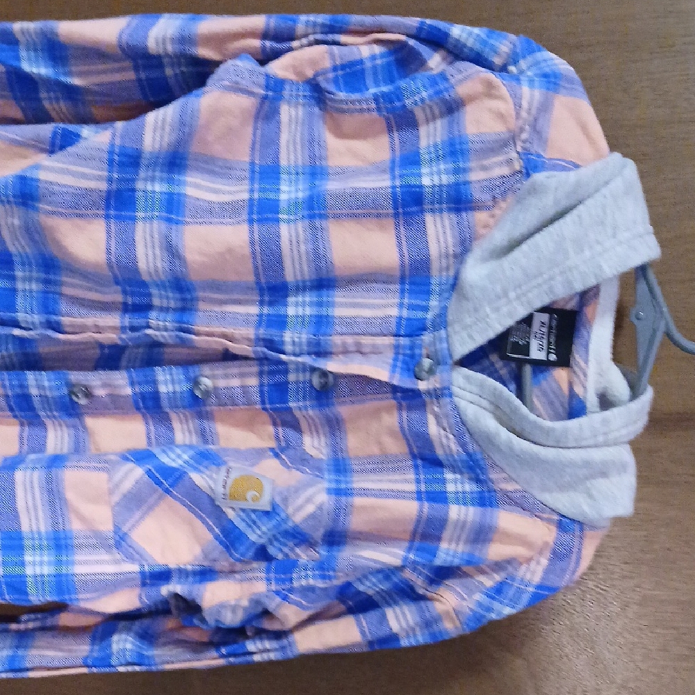 Carhartt Blue and Orange Plaid Shirt with grey hood